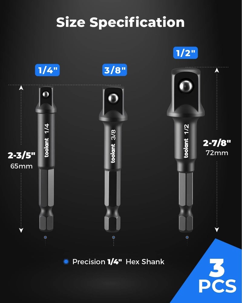 toolant Impact Socket Adapter Set, 3 pcs, 1/4", 3/8", 1/2" Drive, Hex Shank Drill Bit Adapter with Holder, Compatible with Power Drill & Impact Driver - Image 2